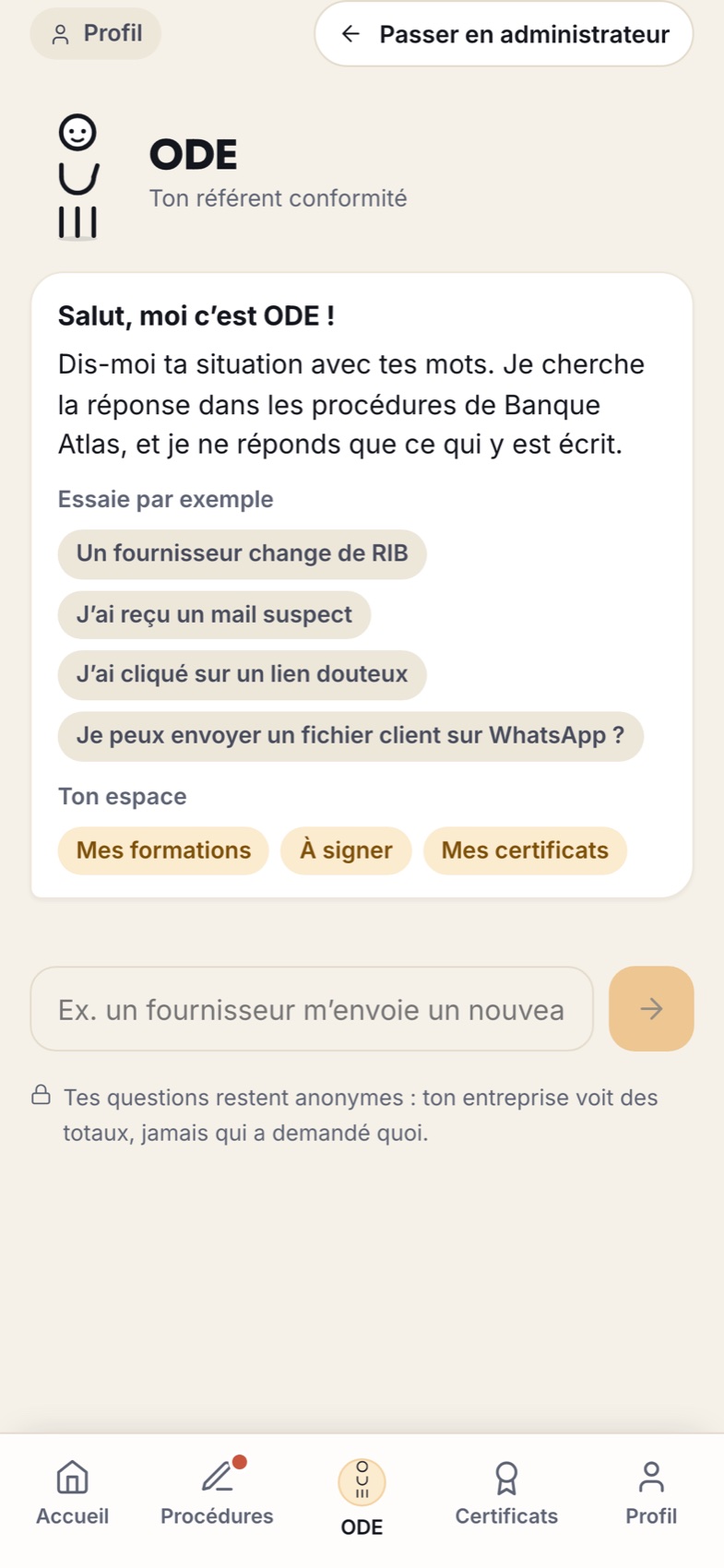 ODE dans l’application : exemples de questions et accès aux formations, signatures et certificats